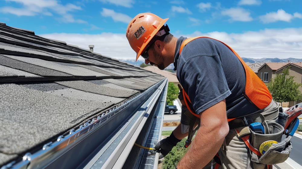 Roofer wearing an orange hard hat measuring a gutter