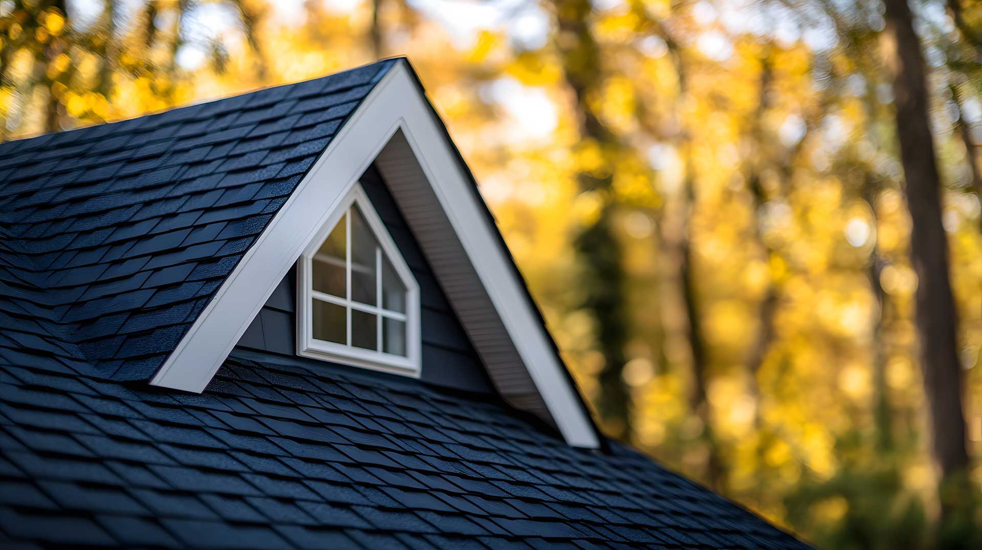 Close up of a black asphalt roof with a dormer